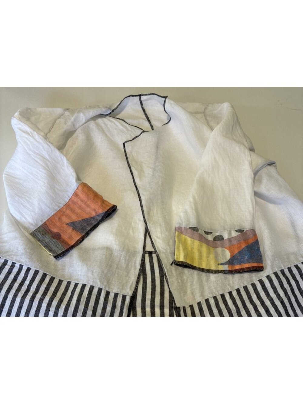 Paco Soler Art-to-Wear Linen Jacket Lagenlook Boho Geometric Stripe Open XL